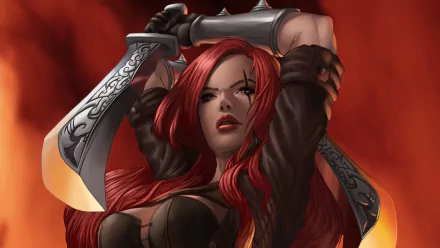 HD PC desktop wallpaper featuring Katarina from the video game League of Legends, poised with blades against a fiery red background.