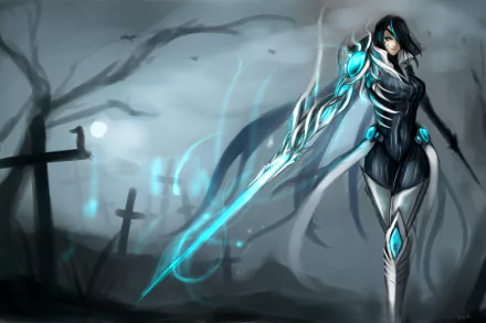 HD PC desktop wallpaper featuring Fiora from League of Legends, depicted with glowing blue accents in a dark, eerie graveyard setting.