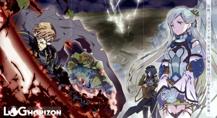 HD wallpaper featuring Krusty, Rayneshia, and Misa Takayama from Log Horizon against a dramatic backdrop.