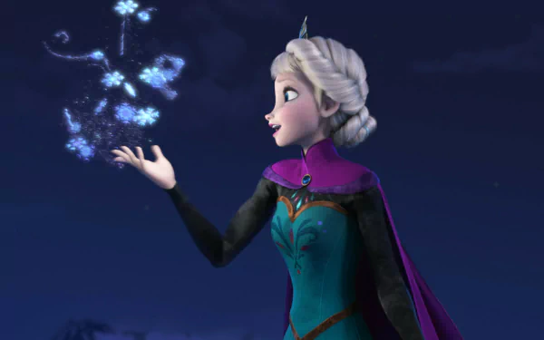 Elsa from Frozen conjures magical snowflakes against a nighttime backdrop. This HD wallpaper captures the enchanting spirit of the beloved animated movie, Frozen.