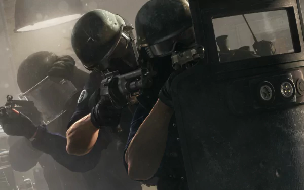 A dynamic HD wallpaper from Tom Clancy's Rainbow Six: Siege, featuring tactical operatives in action as they strategically navigate a gritty environment.