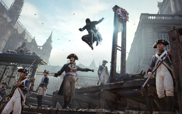 Arno Dorian leaps into action in this HD wallpaper from Assassin's Creed: Unity, set against a dramatic Parisian backdrop with guards and historic elements.