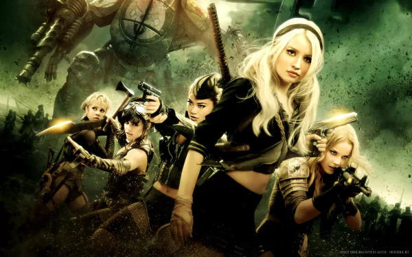 A vibrant HD wallpaper featuring the main characters from Sucker Punch, including Babydoll and her allies, poised for action against a fantastical backdrop.