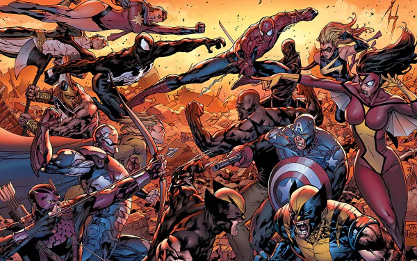 An action-packed Marvel Comics scene featuring Daken, Hawkeye, Ms. Marvel, Spider-Woman, Wolverine, Iron Man, Captain America, Spider-Man, Venom, and Captain Marvel against a dramatic backdrop.