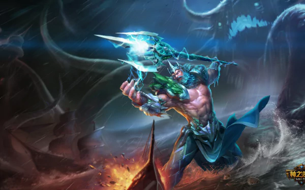 A high-definition desktop wallpaper featuring Poseidon, a character from the video game Smite, stands defiantly with his trident amidst a dramatic, stormy background.