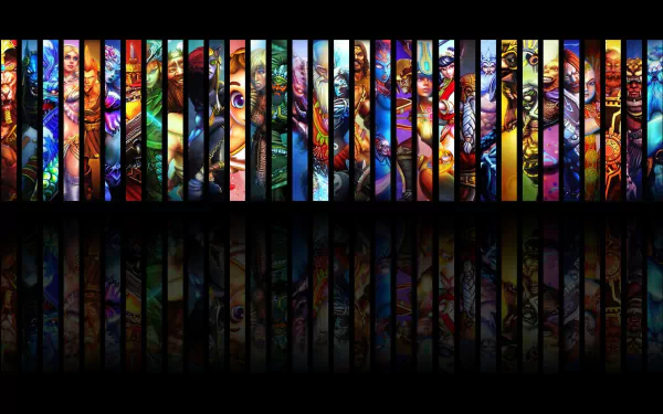 A vibrant HD desktop wallpaper featuring a collage of characters from the video game Smite, set against a dark background with reflections.
