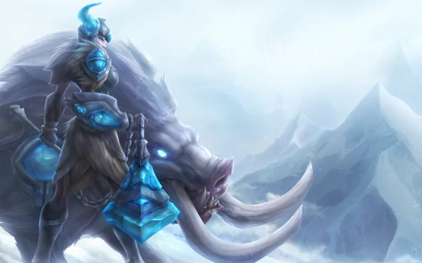 A dynamic HD wallpaper featuring Sejuani from League of Legends, standing proudly on her armored boar in a snowy landscape, showcasing the game's stunning visuals.
