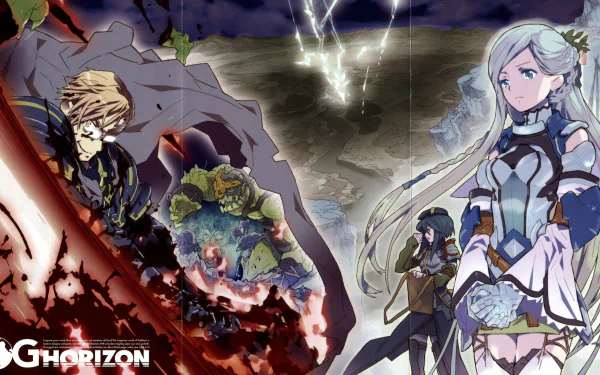 HD wallpaper featuring Krusty, Rayneshia, and Misa Takayama from Log Horizon against a dramatic backdrop.