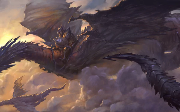 HD desktop wallpaper of a majestic dragon soaring through clouds, inspired by the video game DotA 2.