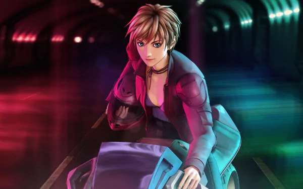 Deunan Knute from the anime Appleseed rides through a neon-lit tunnel, exuding determination and strength in this HD PC desktop wallpaper.