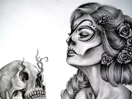 Artistic black-and-white sugar skull design featuring a detailed woman’s face and a smoking skull, crafted as a 4K Ultra HD PC desktop wallpaper and background.