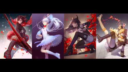 A vibrant HD desktop wallpaper featuring the characters from RWBY, showcasing their dynamic poses and unique designs amidst a backdrop of red petals.