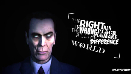 HD PC desktop wallpaper featuring G-Man from Half-Life 2 with bold typography stating, The right man in the wrong place can make all the difference in the world.