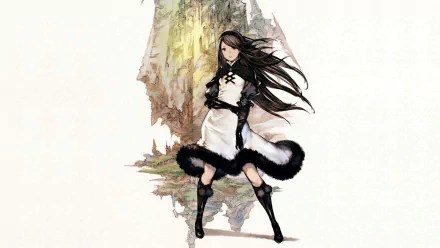 HD PC desktop wallpaper featuring a character from the video game Bravely Default with flowing hair and a detailed outfit against a minimalistic background.