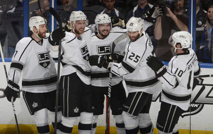 Los Angeles Kings players celebrate a goal on the ice, showcasing team spirit and excitement in this high-definition sports wallpaper.