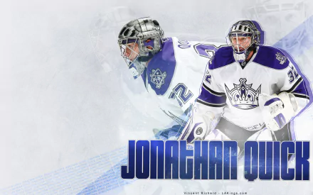 HD desktop wallpaper featuring Los Angeles Kings goalie Jonathan Quick in action, with stylized graphics and his name displayed.