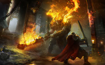 HD PC desktop wallpaper from the video game Lords of the Fallen, depicting a fiery armored giant wielding a massive flaming weapon facing a sword-wielding warrior.