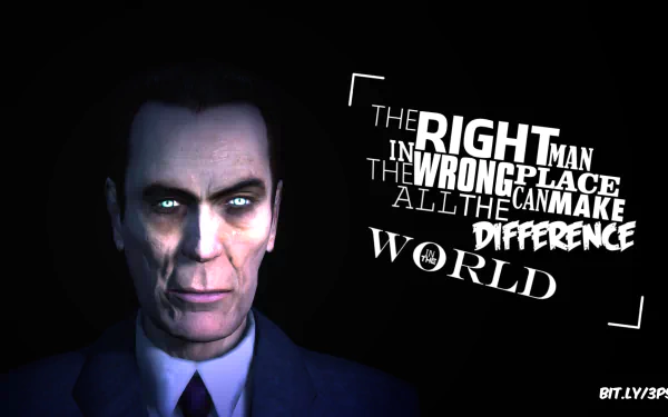 HD PC desktop wallpaper featuring G-Man from Half-Life 2 with bold typography stating, The right man in the wrong place can make all the difference in the world.
