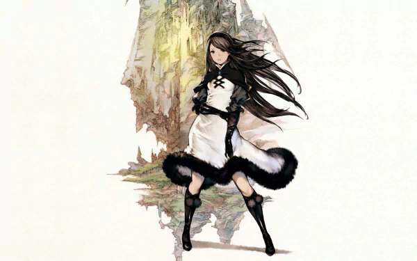 HD PC desktop wallpaper featuring a character from the video game Bravely Default with flowing hair and a detailed outfit against a minimalistic background.