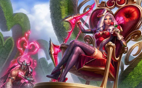 Ashe from League of Legends sits confidently on a heart-shaped throne, wielding her pink bow, surrounded by vibrant scenery. A striking HD wallpaper for fans of the game.