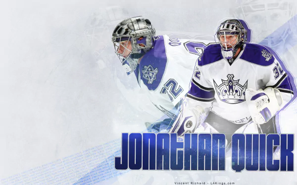 HD desktop wallpaper featuring Los Angeles Kings goalie Jonathan Quick in action, with stylized graphics and his name displayed.