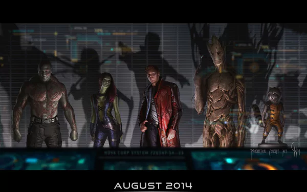 A vibrant HD wallpaper featuring the Guardians of the Galaxy: Drax the Destroyer, Gamora, Peter Quill, Groot, and Rocket Raccoon, capturing their heroic essence from the iconic movie.