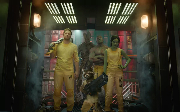 A vibrant HD wallpaper featuring Drax the Destroyer, Groot, Rocket Raccoon, Gamora, and Peter Quill from the movie Guardians of the Galaxy, set against a dynamic sci-fi backdrop.