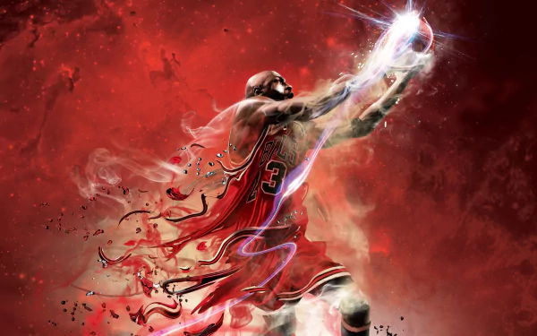 HD desktop wallpaper featuring Michael Jordan, highlighting his dynamic athleticism in vibrant red and black tones, with an ethereal, artistic style.