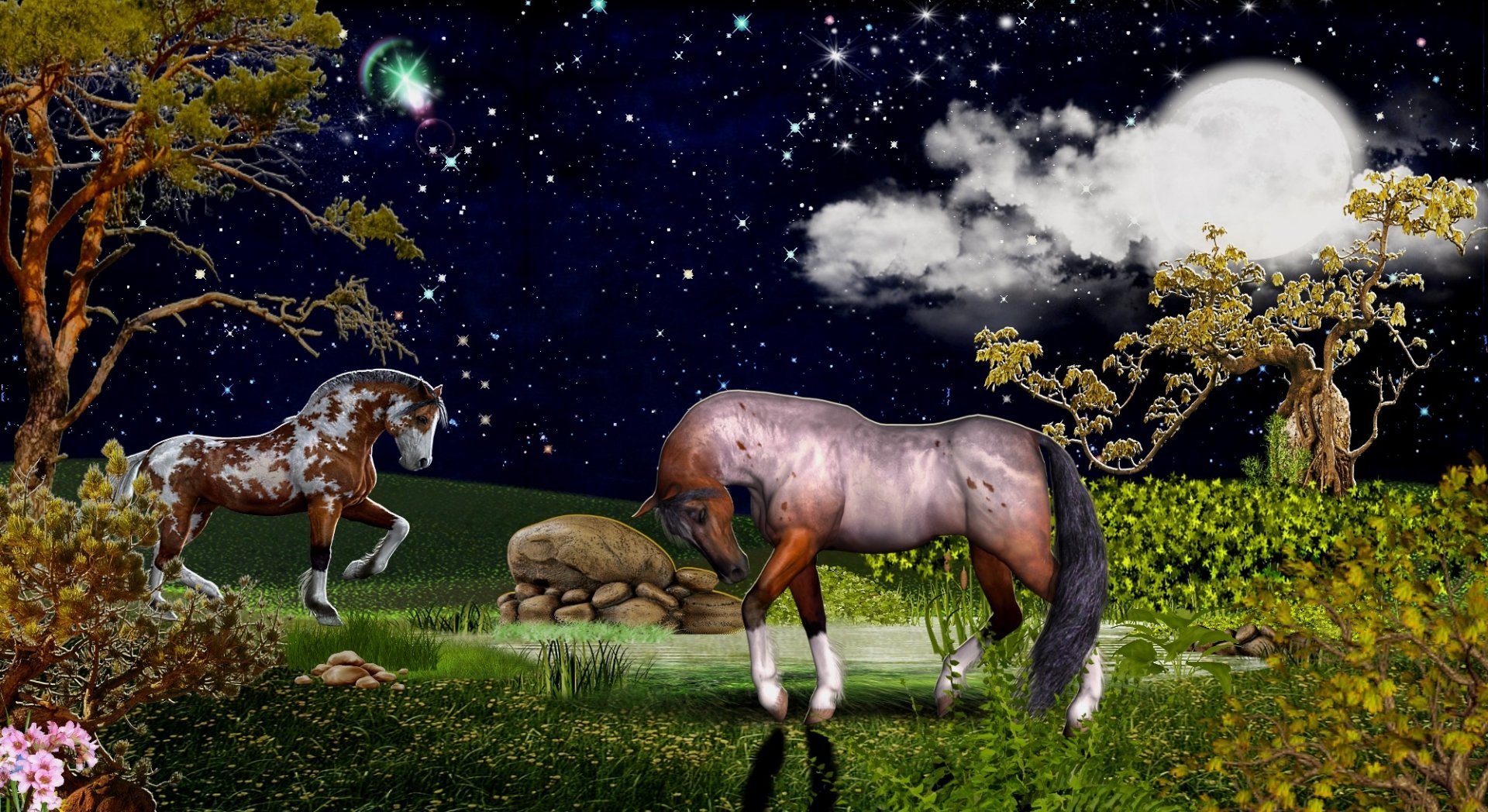 A serene moonlit landscape featuring two horses near a tranquil pond, surrounded by lush greenery and a starry night sky, creating a captivating natural scene.