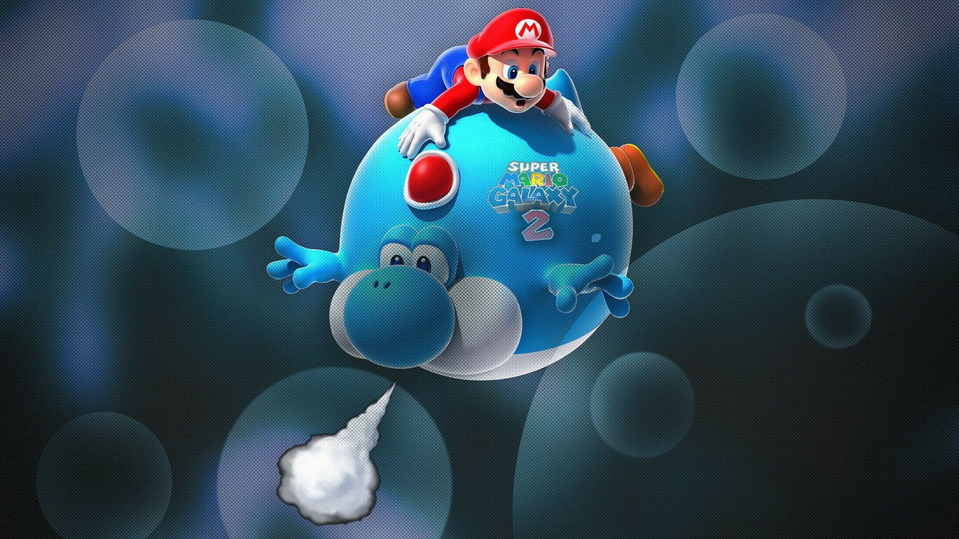 HD PC desktop wallpaper featuring Mario riding Yoshi in a vibrant scene from the video game Super Mario Galaxy 2.