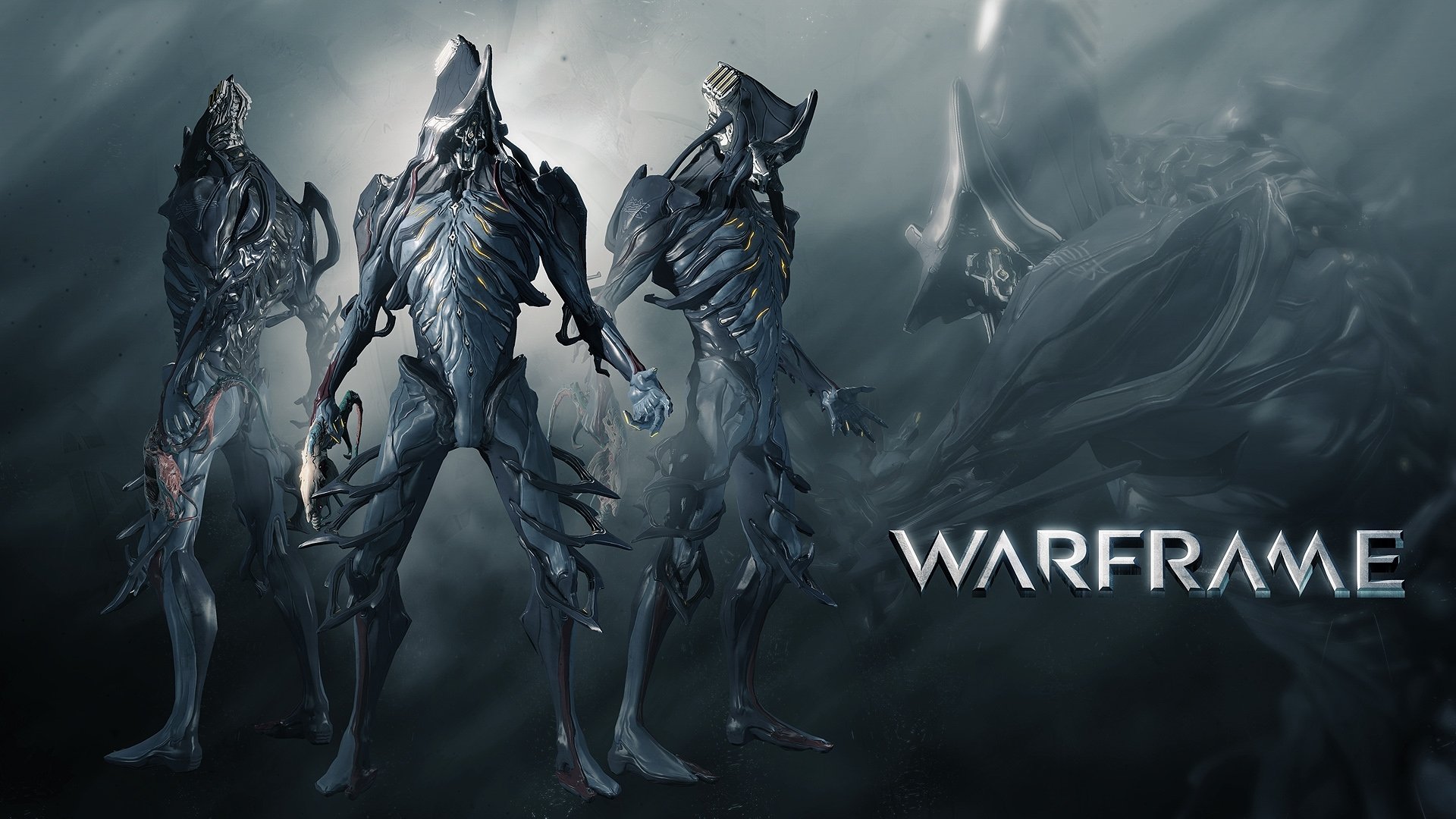 HD PC desktop wallpaper featuring three futuristic Warframe characters standing against a misty, dark background with the Warframe logo on the right.