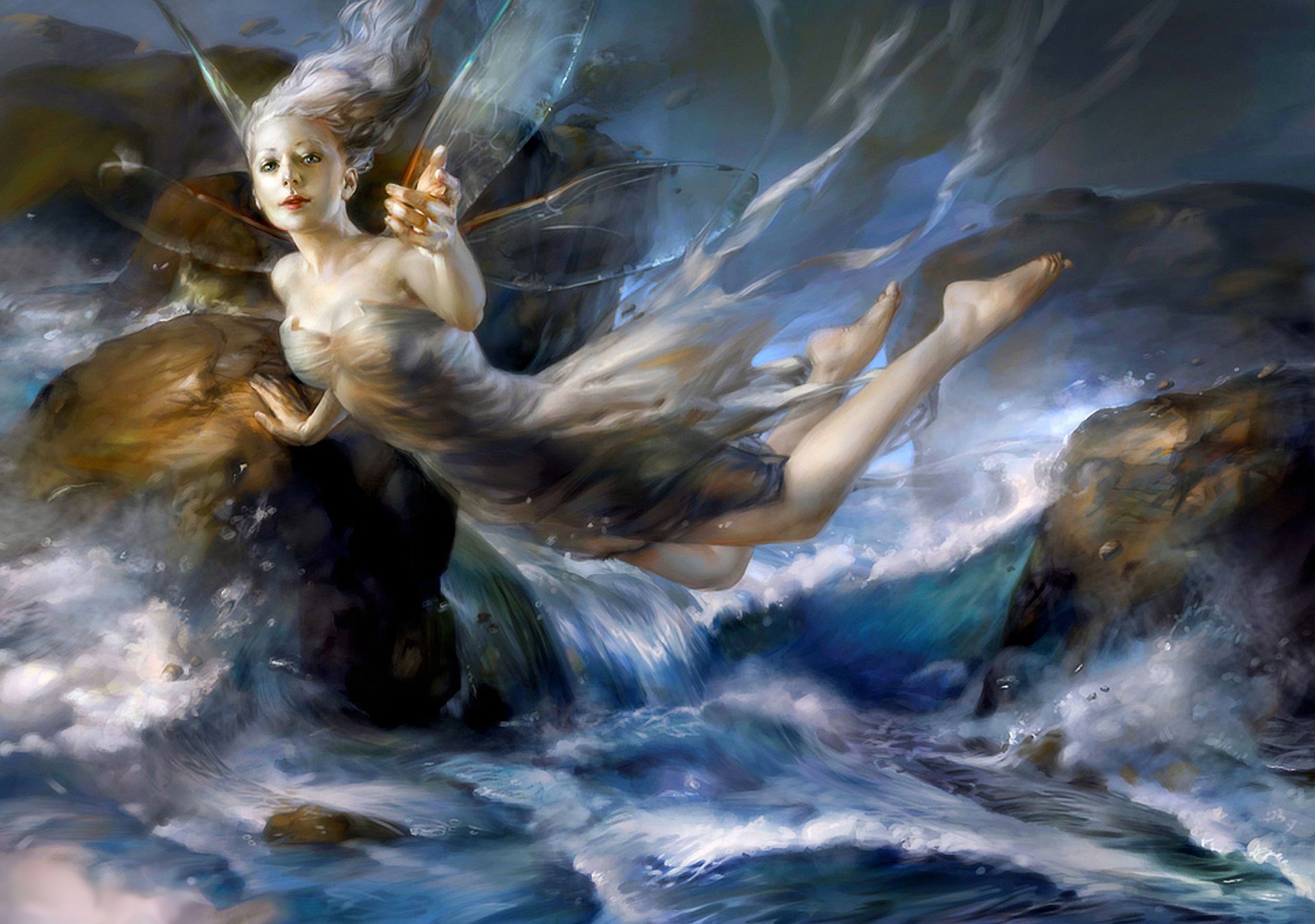 HD desktop wallpaper featuring a fantasy scene with a fairy gracefully navigating through a turbulent ocean amidst rocky surroundings.
