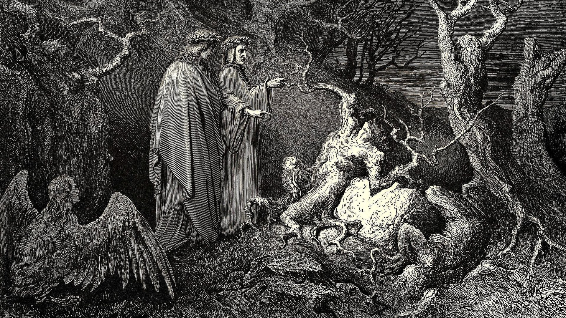 Artistic illustration in dark tones depicting two robed figures observing a twisted, tree-like creature in a shadowy forest, designed as an HD PC desktop wallpaper.