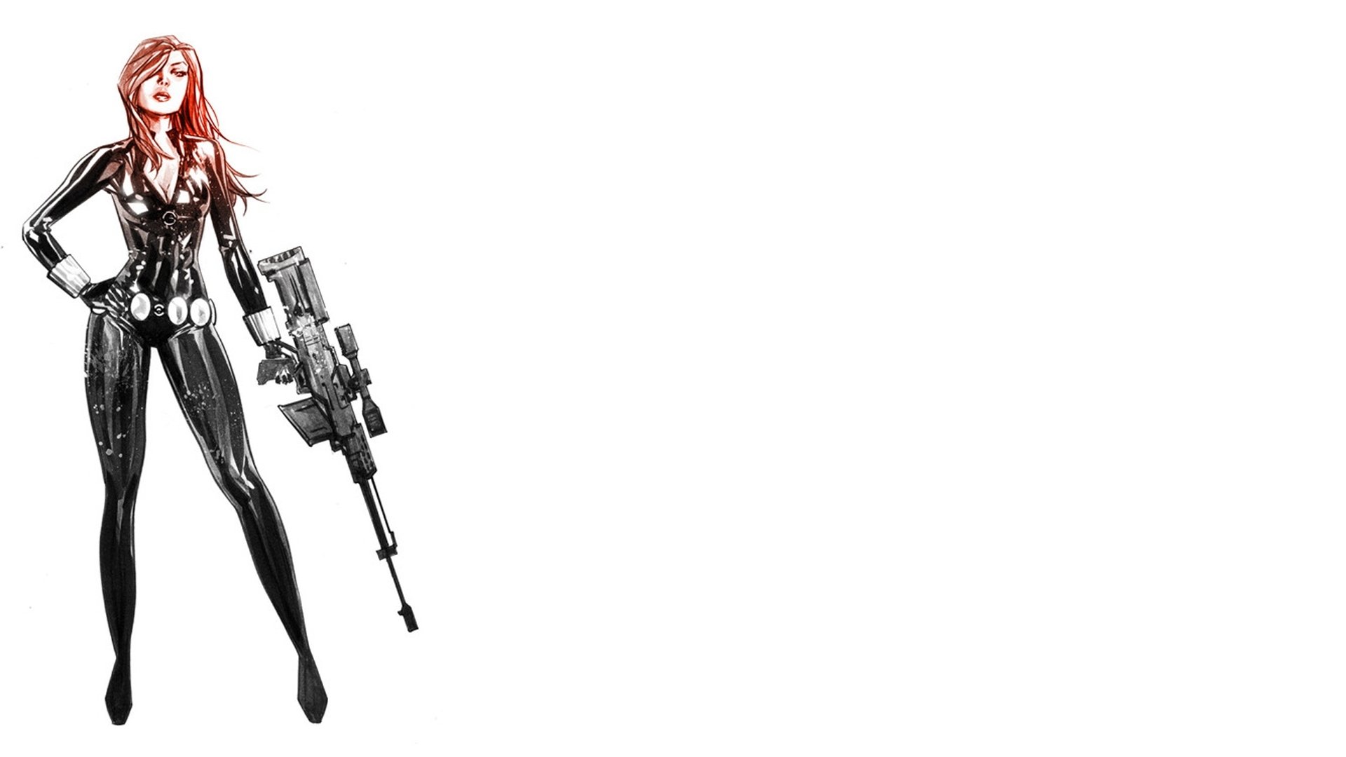 Comic-style Black Widow in a glossy black suit holding a rifle, standing left on white space — HD PC desktop wallpaper/background.