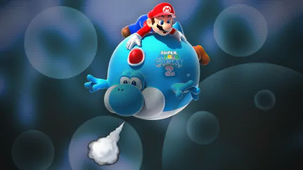 HD PC desktop wallpaper featuring Mario riding Yoshi in a vibrant scene from the video game Super Mario Galaxy 2.