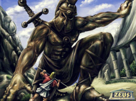 An HD wallpaper featuring a giant Greek warrior facing off against a smaller figure, inspired by the gods and the video game Zeus: Master of Olympus. Epic and dramatic scene.