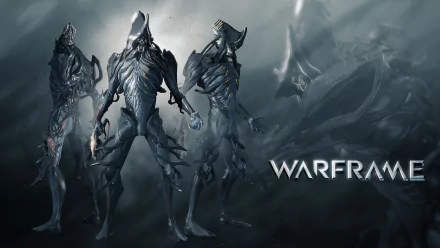 HD PC desktop wallpaper featuring three futuristic Warframe characters standing against a misty, dark background with the Warframe logo on the right.