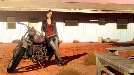 HD PC desktop wallpaper from the video game Beyond: Two Souls, featuring a character leaning against a motorcycle in a sunlit, rustic outdoor setting.