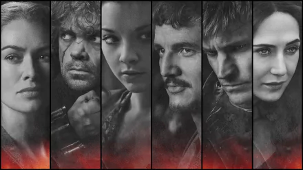 A striking HD wallpaper featuring iconic characters from Game of Thrones, including Cersei Lannister, Tyrion Lannister, Oberyn Martell, Margaery Tyrell, and Melisandre.
