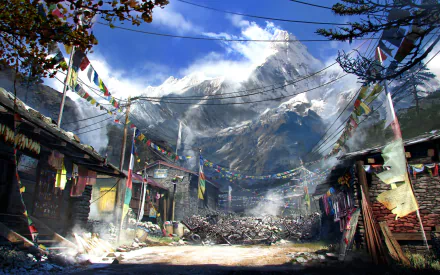 A stunning HD desktop wallpaper from Far Cry 4, featuring a serene village scene surrounded by majestic mountains and vibrant prayer flags under a clear blue sky.