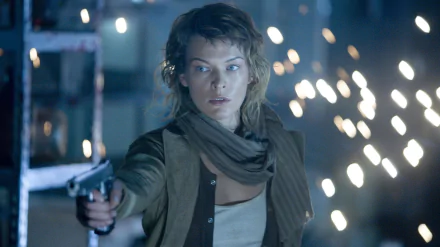 HD desktop wallpaper featuring Milla Jovovich in a tense scene from the movie Resident Evil: Apocalypse, aiming a gun with a determined expression.