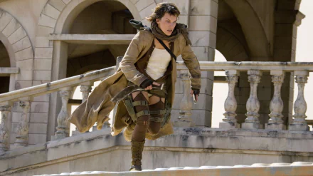 Milla Jovovich as Alice in a dynamic scene from the movie Resident Evil: Extinction, showcasing an intense moment in a post-apocalyptic setting. HD wallpaper for desktop use.