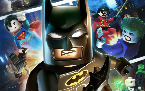 HD PC desktop wallpaper featuring LEGO Batman and other characters from LEGO Batman 2: DC Super Heroes in action-packed video game style.