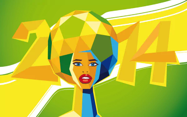 HD PC desktop wallpaper featuring a stylized, geometric portrait of a woman with 2014 in bold numbers, themed around the FIFA World Cup Brazil 2014 sports event.
