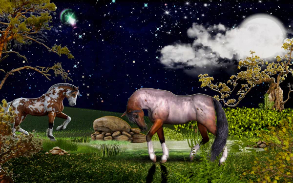 A serene moonlit landscape featuring two horses near a tranquil pond, surrounded by lush greenery and a starry night sky, creating a captivating natural scene.