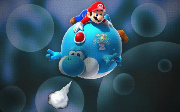 HD PC desktop wallpaper featuring Mario riding Yoshi in a vibrant scene from the video game Super Mario Galaxy 2.