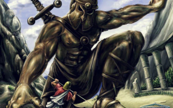 An HD wallpaper featuring a giant Greek warrior facing off against a smaller figure, inspired by the gods and the video game Zeus: Master of Olympus. Epic and dramatic scene.