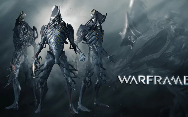 HD PC desktop wallpaper featuring three futuristic Warframe characters standing against a misty, dark background with the Warframe logo on the right.