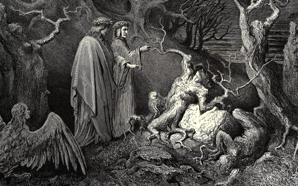 Artistic illustration in dark tones depicting two robed figures observing a twisted, tree-like creature in a shadowy forest, designed as an HD PC desktop wallpaper.