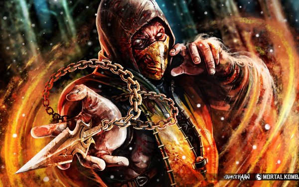 Videojuego Mortal Kombat X Mortal Kombat Scorpion Mascara Hood Fuego White Eyes Arma Sangre Chain Ninja Fondo de pantalla HD | Fondo de Escritorio